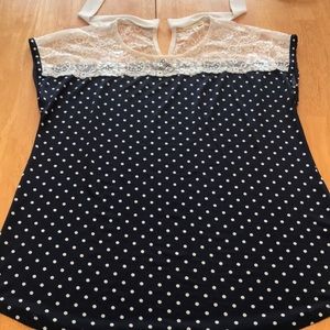 Navy and White Lace Polka Dot Top Size M